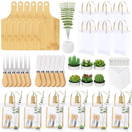 55PCS Prizes for Game Winner Gifts Bamboo Cheese Board Fork Butter Spreaders Towel Artificial Eucalyptus Stems Knitting Wool Plant Candles Cards Bags Wedding Bridal Favors Birthday Party