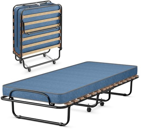 LIFEZEAL Letto Pieghevole, Letto per gli ospiti pieghevole in metallo, Singolo Pieghevole con Materasso in Memory Foam, Adulto Metallo su 4 Ruote (Blu, 190 x 80 x 33 cm)