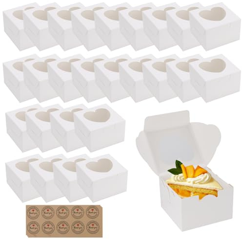 PINGEUI Lot de 50 petites boîtes à gâteaux blanches de 10 cm avec fenêtre en forme de cœur et autocollants, récipients individuels pour gâteaux, cookies, cupcakes, bonbons, tartes, pâtisseries