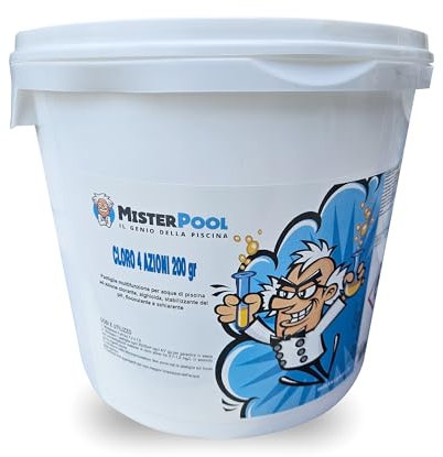 MISTERPOOL, Cloro 4 Azioni 200gr, Trattamento Multi Azione Per Acque Della Piscina, Azione Clorante, Antialghe, Stabilizzante del PH, Flocculante, Formato da 5 Kg