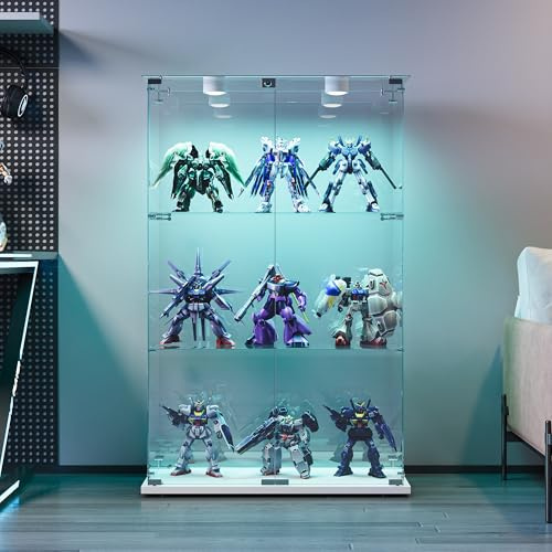 Vitrina de cristal con iluminación LED, vitrina de cristal de 2 puertas y 3 pisos, armario de almacenamiento de vidrio vitrina moderna de cristal para sala de estar, dormitorio, 123 x 79 x 35 cm (2
