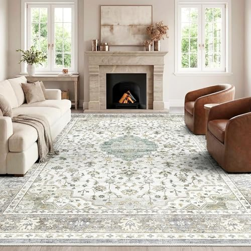 HOMFINE Verde Claro Alfombra Vintage Salon 120x170 cm - Lavable en Lavadora Antideslizante Pelo Corto Suave Grande para Salón Dormitorio Comedor Pasillo
