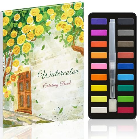 Elfew Set di cartelle di lavoro ad acquerello per adulti e principianti, 18 colori ad acquerello con penna a pennello autoirrigante, 20 bellissimi dipinti ad acquerello per adulti