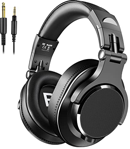 Bopmen Auriculares supraaurales: auriculares de estudio con cable con puerto compartido, auriculares plegables con sonido de graves estéreo para monitoreo, grabación, teclado, guitarra, amplificador, DJ, teléfono móvil, negros (Y71)