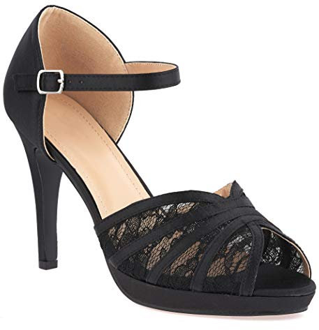 512 Women's Satin Lace High Heel Peep Toe Ankle Strap Mary Jane Bridal Wedding Evening Court Shoes 3-8DING Sandals Shoes (Black, Numeric_3)