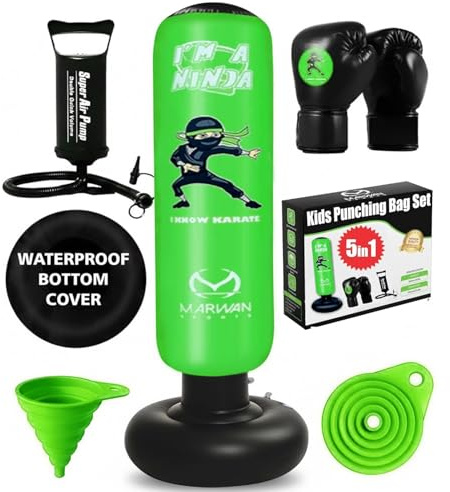 Marwan Sports 5-in-1 Kids Punching Bag Set with Gloves, Pump & Funnel – 63” Inflatable Boxing Bag for Kids 4-12, Durable PVC, Fast Rebound, Waterproof Base Cover with Handles, Gift for Boys & Girls