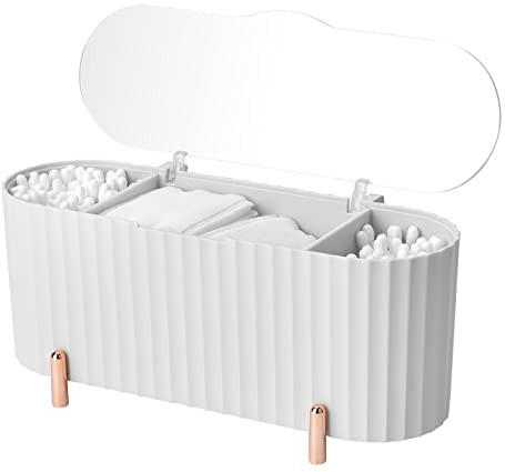 Makeup Pads Container, Cotton Swab Holder, Cotton Ball Canister, Cotton Pad Holder Dispenser, Cotton Pad Storage, 3 Compartments ABS with Lid for Bedroom Bathroom Dressing Table