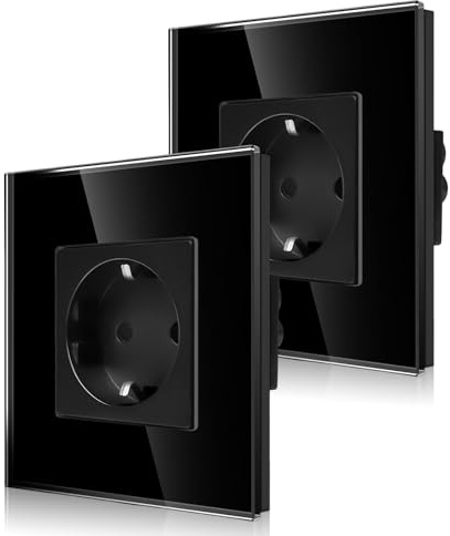 Paquete de 2 enchufes individuales de cristal CNBINGO empotrados en color negro, enchufe Schuko simple con bloqueo para niños, enchufe de pared de contacto protector de 16 amperios con marco de vidrio