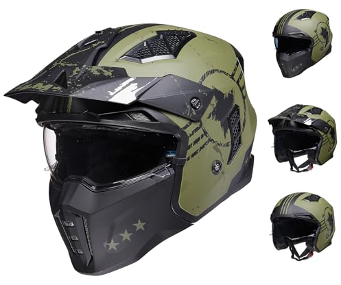 ILM Casco Moto Integrale Donna Uomo Adulti 3/4 Jet Vintage Scooter Motocross Cruiser ATV UTV Omologato ECE22.06 Modello Z302,Verde Militare,M