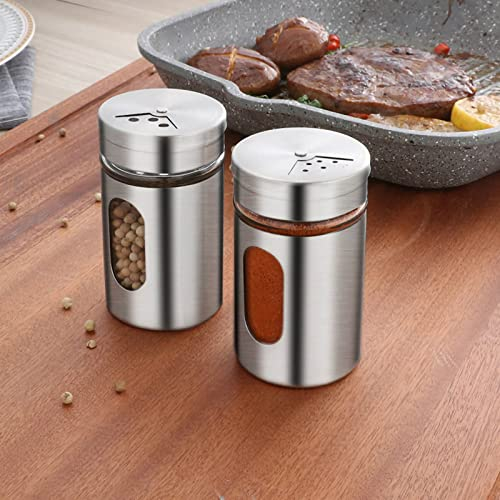 1Pcs Salt and Pepper Shaker Stainless Steel, Coarse Salt Shaker with Adjustable Pour Holes, Stainless Steel Salt Shaker with Clear Glass Body Metal Salt Shaker, Travel Seasoning Containers for Salt