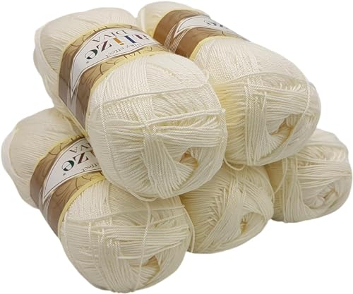 5 x 100 Gramm Strickgarn Ilkadim Export Diva einfarbig, 500 Gramm merzerisierte Strickwolle microfiber-Acryl (creme 62)