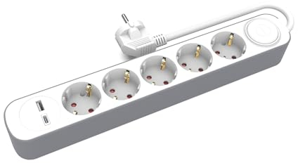KEL Steckdosenleiste mit 5 FachMehrfachsteckdose, USB Type-A und 1 Type-C Anschluss; 5 m Verlängerungskabel mit Schukostecker und EIN-/Ausschalter; 3680 Watt Steckdosen; Dreifachsteckdosen - weiß