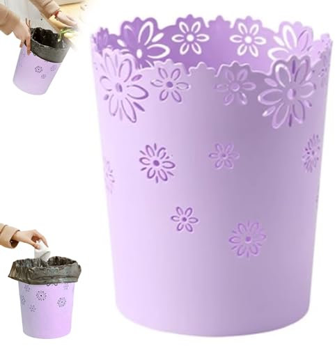 Cestino per bambini, bidone della carta da scarico, cesto di carta cavi in ​​plastica da 6,3 pollici, cestino in pizzo di fiori rotondi per rifiuti per camera da letto, bagno, cucina e viola dell'uff