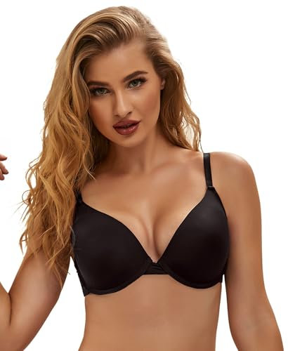 ohyeahlady Women's Comfort Bras Sexy Deep V Plunge Underwired Padded T Shirt Bra Lightly Lined Cups Comfit Cup Bralette Black 34B