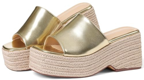 EQAUDES Summer Platform Wedge Sandals for Women Espadrilles Slip on Gold Beach Raffia Sandal Comfortable Slides Open Toe Dressy Cute Summer Outfits