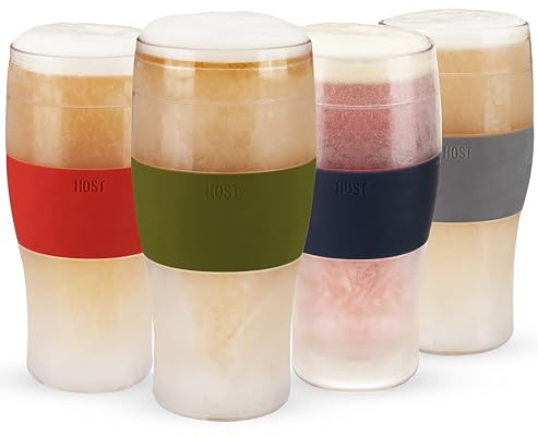 Host Beer Freeze - Juego de vasos de cerveza para beber, tazas para congelador con gel de doble pared, vasos fríos de plástico multicolor, 473 ml, juego de 4
