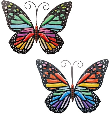 Rnigra 2 Metal Butterfly Wall Art Decorations, Garden Fence Decorations Outdoor, Colorful Wall Sculptures, Hanging Ornament for Garden, 16 x 12.5 cm