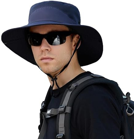 FairyPeach Sombrero Hombre, Gorro Pescador Lluvia ala Ancha, Boonie Gorras y Sombreros Protección UV Malla Transpirable, Sombrero de Sol Verano Bucket Hat (FR/ES, Letras, Talla única, Azul Marino)