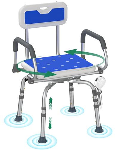 Tabouret de Douche pivotant à 360°, siège de Bain réglable en Hauteur avec Dossier et accoudoirs pivotants, Chaise de Douche antidérapante pour Baignoire