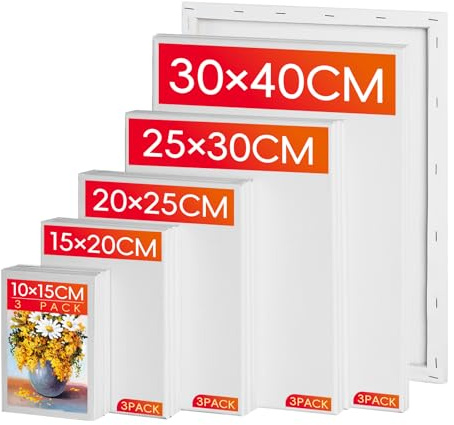 Stretched Canvas for Painting, 15 Pack 280GSM Cotton Canvases on Pine Wood Frames, Multi Size 10x15–30x40cm, Acid-Free & Triple Primed for Acrylic, Oil & Watercolour, Artists & Beginners