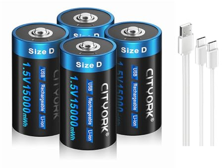CITYORK Batterie ricaricabili al litio USB D, 1,5 V, 15000 mWh, batterie ricaricabili con cavo di ricarica di tipo C, confezione da 4