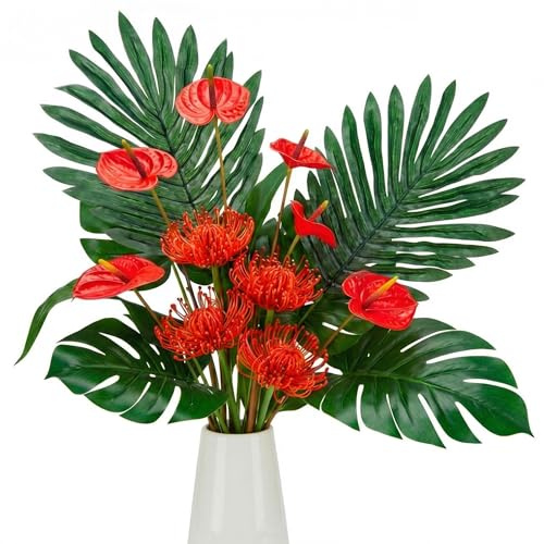Hotop 36 Pcs Artificial Tropical Flowers for Summer Party Centerpieces Fake Floral Decor Set with Leucospermum Pincushion Flowers Anthurium & Tropical Leaves (Monstera/Palm) for Table Centerpieces