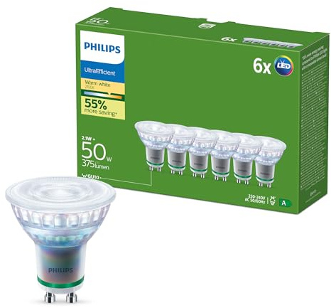 Faretti LED UltraEfficient Philips GU10, Confezione da 6, 375 Lumen, 50 W, Senza Sfarfallio, EyeComfort, Maggiore Durata, Luce LED Bianca Calda da 2.700 K