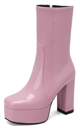 TNMIUH Stivali con Zeppa Donna, Stivaletti in Pelle Verniciata con Tacco Largo Quadrato, Stivali a metà Polpaccio con Cerniera, Scarpe da Festa Nero, Rosa, Bianco,Rosa,38 EU