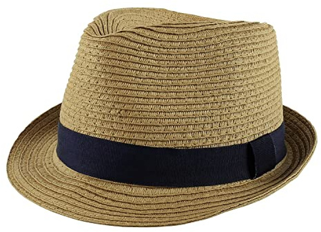 PEAK 2 PEAK Unisex Kids Straw Trilby Fedora Cap Felt Fedora Hat Short Brim Sunhat (Junior, Navy Band)