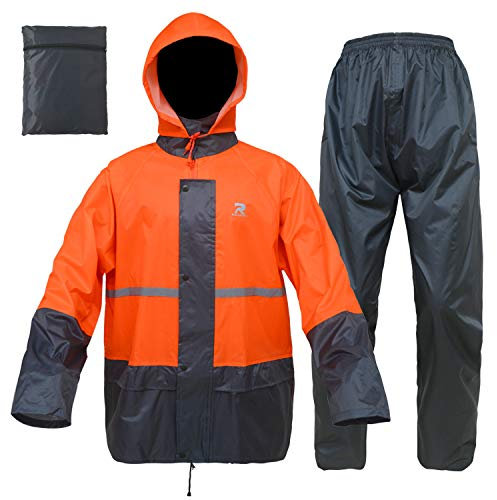 RainRider Rain Suits for Men Women Waterproof Lightweight Rain Gear Jacket Coat with Pants Workwear (XX-Large, Orange/Grey)