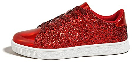 LUCKY STEP Glitter sneakers snörning mode sneakers glittrande skor, Röd, 37 EU