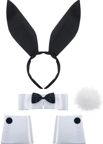 Satinior - Disfraz de conejo con diadema de orejas, cuello con pajarita, puños y cola, para fiesta de Pascua, color negro