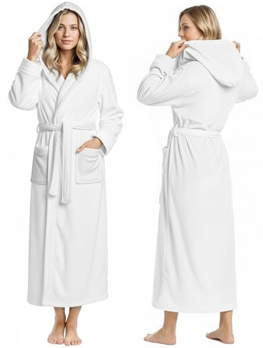 NY Threads Premium Womens Robe with Hood, Plush Fleece Long Bath Robe for Women, Fluffy Soft Women's Bathrobe, X-Large, White