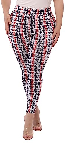 ShoSho Womens Plus Size High Waist Skinny Pants Slim Fit Trouser Treggings Pull-On Stretch Leggings Pants W/Pockets Houndstooth Print Red/White/Black 3X