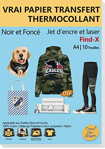 TransOurDream - 10 Blatt x A4 Transferpapier für alle Arten von Textilien schwarz oder dunkel (Nylon, Baumwolle, Polyester, Jeans) – bedruckbarer Aufnäher zum Aufbügeln, Laserdruck &