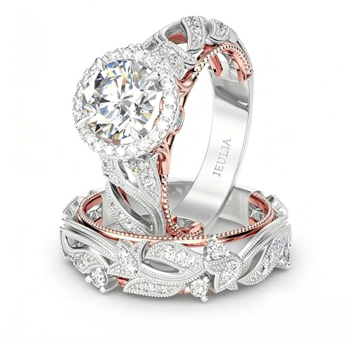 Jeulia 4 Carat Openwork Ring Sets for Women 925 Sterling Silver Wedding Sets Rose Gold Round Cut Halo Engagement Ring White Diamond Band CZ Solitaire Anniversary Promise Rings (S-½)