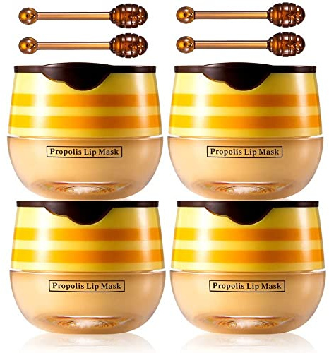 4 Pcs Lip Balm Honey Pot, Honey Moisturizing Lip Mask Reduces Lip Lines,Prevention Dry and Cracked Lip Scrubs Exfoliator.