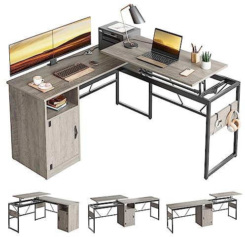 Bestier Versatile 60 Inch L-Shaped Standing Desk, Lift Top Corner Desk Extending to 95 Inches with Storage Cabinet and Hooks for Home Office, Washed Gray