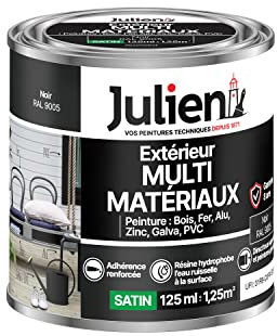 Julien Peinture Multi-Matériaux Satin en phase Aqueuse - Bois, Fer, Alu, PVC, Zinc, Acier galvanisé, brut ou peint - Noir 0,125 L