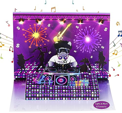 Musical Birthday Card, Funny 3D DJ Dog Pop-up Birthday Card with Music & Fireworks Light for Men Boy Son Grandson Husband Dad Grandpa Nephew Teens Boyfriend Brother