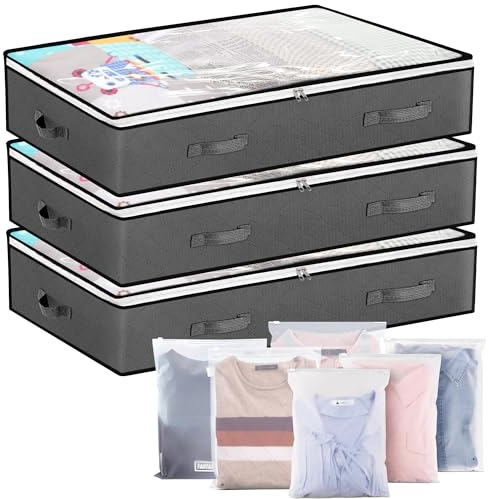 YORFULL Underbed Storage Bag- 3Pack Large Under Bed Storage Box with 6x Bonus Large Zip lock Bags Clothes storage boxes with lid & PVC Window for Clothes, Duvets, Comforters, Blanket, Bedding