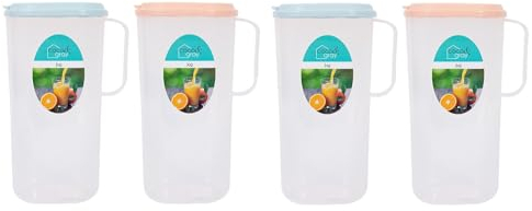 YöL Pack of 4 Plastic Drinks Dispensing Jug - 1.8L Lid Handle Water Juice, Fridge Door Pitcher Picnic BBQ Cocktail Party