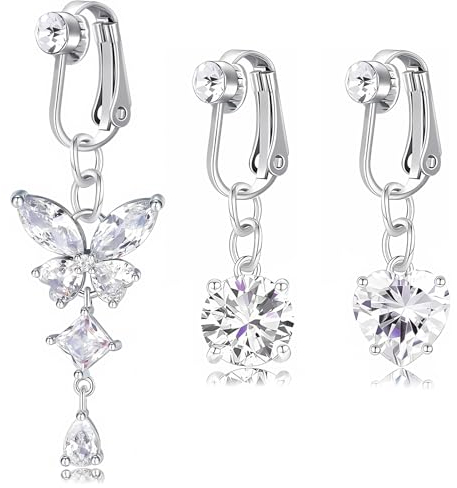 LOYEBOHU 3 Stück Fake Bauchnabelpiercing Fake Piercing bauchnabel, Silber Bauchnabelpiercing Clip On Chirurgenstahl Zirkonia mit Schmetterling Herz Kristallkugel Anhänger, Damen Kein Piercing Schmuck