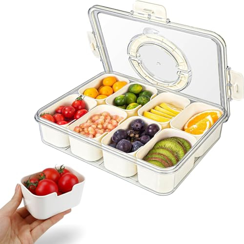 alouweekuky Snackschale mit Deckel und Griff, Snackteller mit 8 Fächern, Snackbox zur Aufbewahrung von Gewürzen, SüßIgkeiten, Gemüse, Obst, Nüssen, Keksen, Desserts