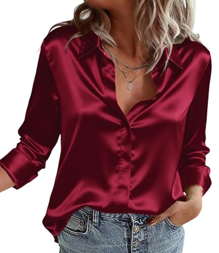 Zeagoo Camicia da Donna in Raso di Seta Camicetta Elegante Bluse Scollo a V Camicia a Maniche Lunghe Button Down a Tinta Unita Shirts Classico Tops Rosso M