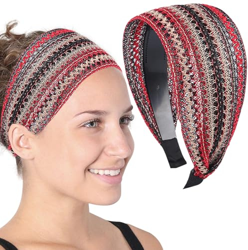 Red Extra Wide Hard Headbands, Boho Headband with Teeth Large Non Slip Headbands Fabric Hair Hoop Headwrap Fashion Hairbands Hair Accessories for Women Girls