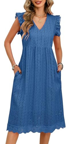 PASUDA Women's Summer V-Neck Ruffle Sleeve Midi Dress - Elegant A-Line Loose Cotton Boho Style Beach Sundress with Pockets