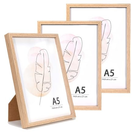 KAIWIN Set di 3 cornici in legno di quercia, formato A4, 14,8 x 21 cm, per foto da tavolo e montaggio a parete, per casa, ufficio, galleria, vacanze, con foto, poster