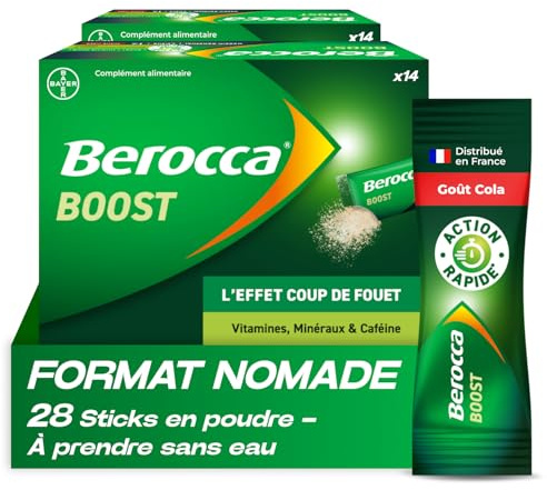 Berocca® Boost Stick - Effet coup de fouet - Aide à réduire la fatigue -Vitamine B12, Caféine, Vitamine C et Magnésium - Complément Alimentaire - Goût Cola - 2x14 sachets