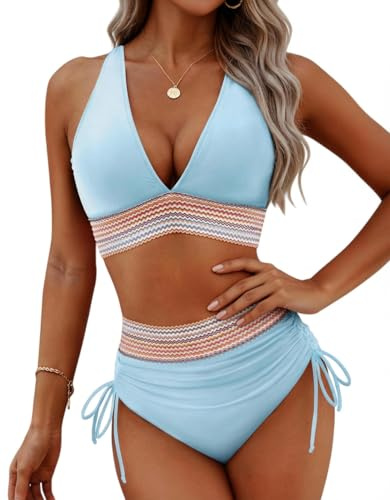 HUXRAKV Ensembles Maillots Deux pièces pour Femmes Rembourré avec Bretelles Spaghetti Imprimées Push-up Maillot de Bain de Plage Taille Haute Triangle Bikini Set Swimwear